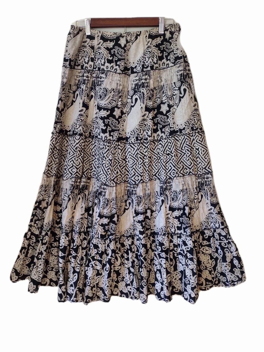 Style & Co batik Boho Tiered Maxi Skirt sz S Black/Beige hippie festival lined